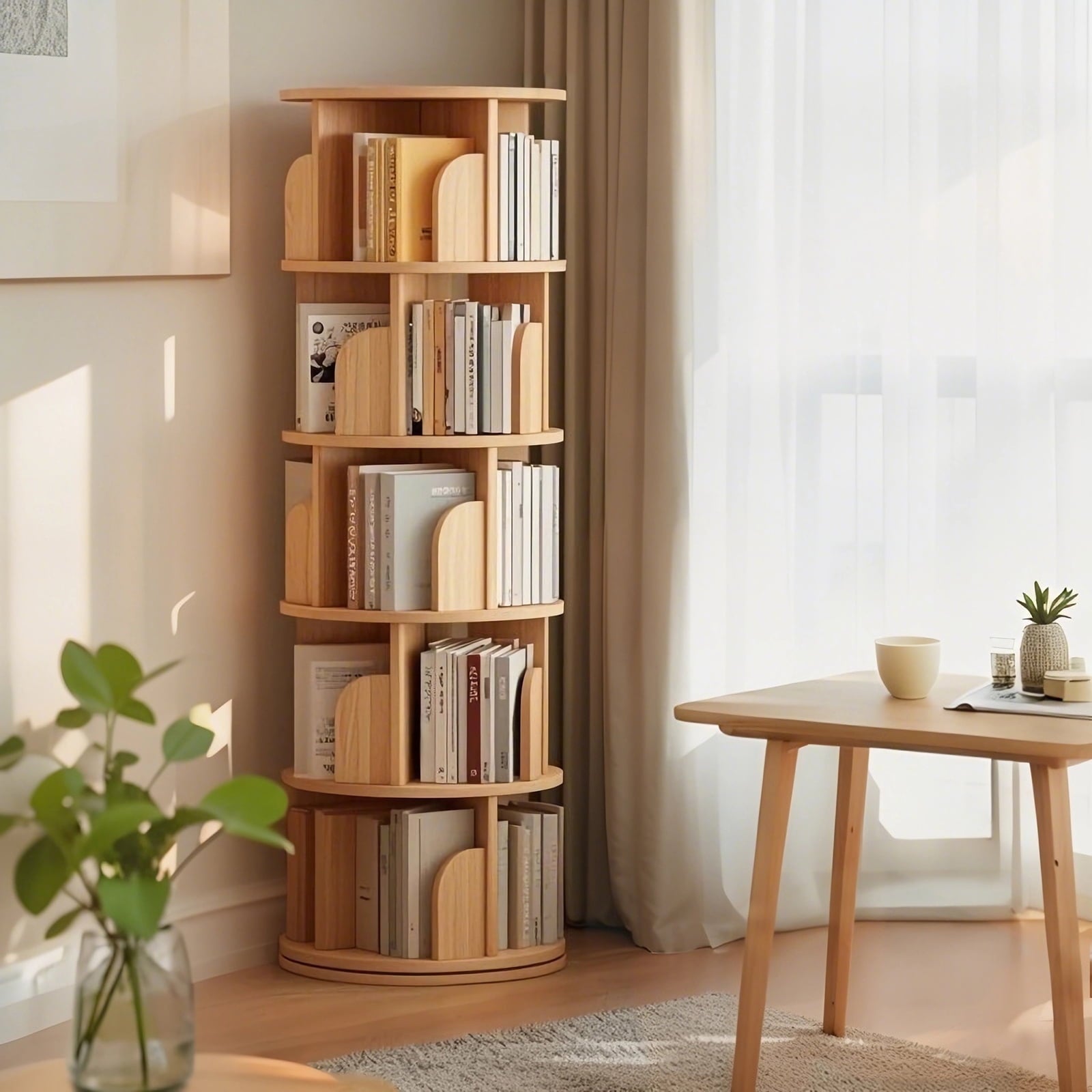 5 Tier Rotating Bookshelf, 360° Display Round Spinning Bookshelf, Space-Saving, Small Space Rotating Bookshelf Tower for Bedroom, Living Room, Home, Office, Nature