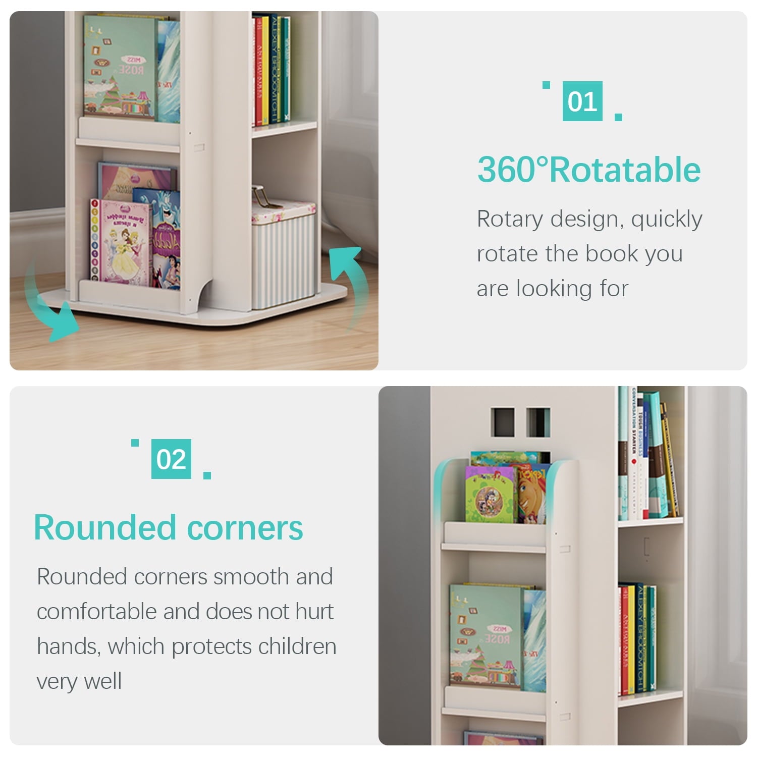 IAJXWI 3 Tier Rotating Bookshelf, 360° Floor-Standing Revolving Bookcase, House Shape Multi-Functional Reading Corner for Bedroom Study Living Room