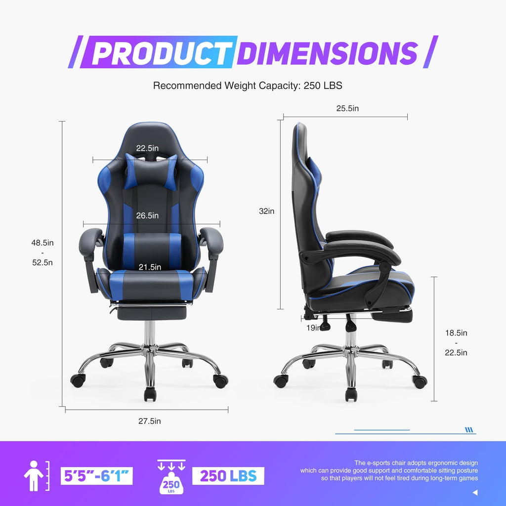 JOINSUN Ergonomic Gaming Chair With Headrest And Lumbar Pillow,Height Adjustable With 360°-Swivel Seat,Blue