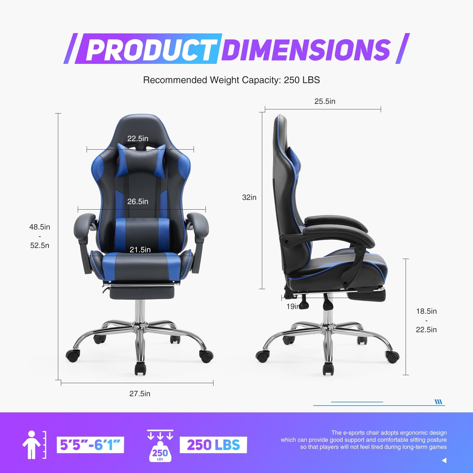 JOINSUN Ergonomic Gaming Chair With Headrest And Lumbar Pillow,Height Adjustable With 360°-Swivel Seat,Blue