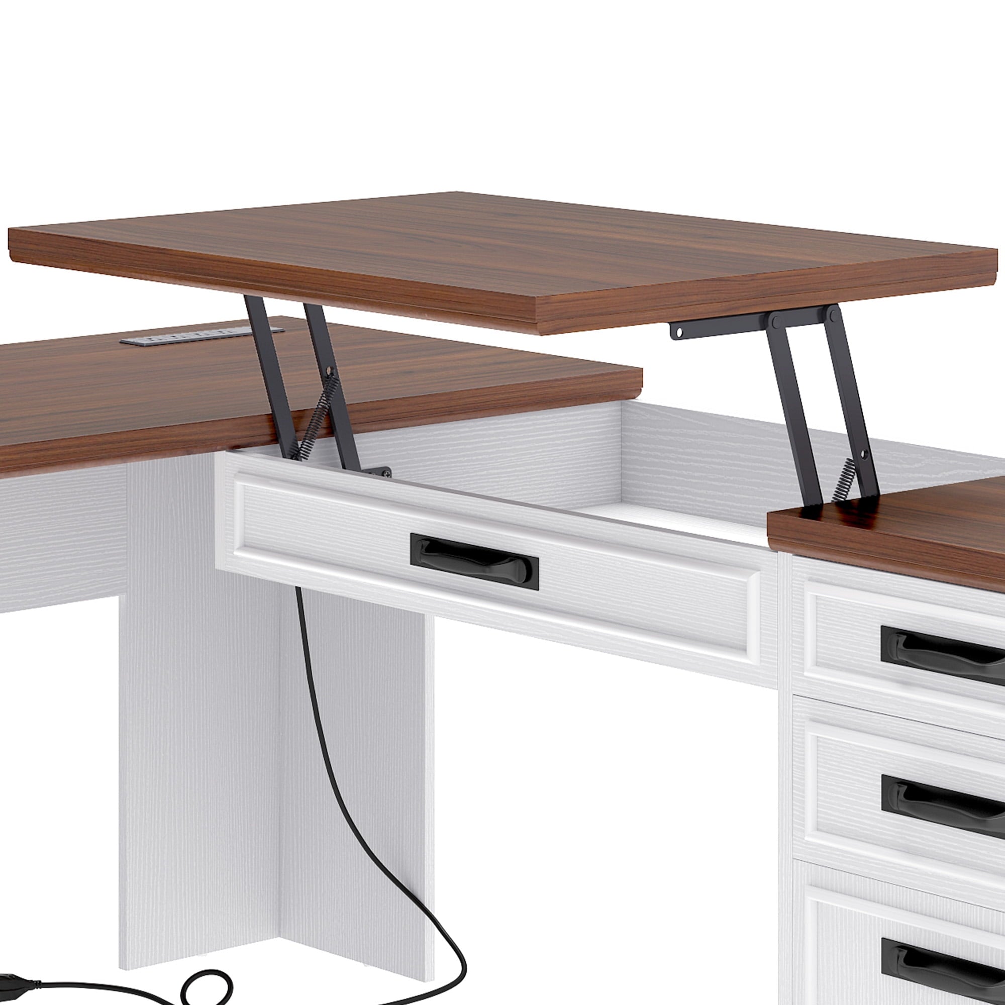 Craftian L-Shaped Desk with Power Outlets, Computer Desk with Drawers, Executive Desk , White & Walnut Color