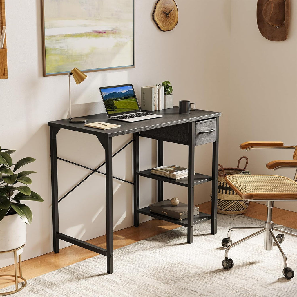 DESINO 35 Inch Computer Desk, Small Home Office Desk with Fabric Drawers & Storage Shelves, Writing Study Desk, Black