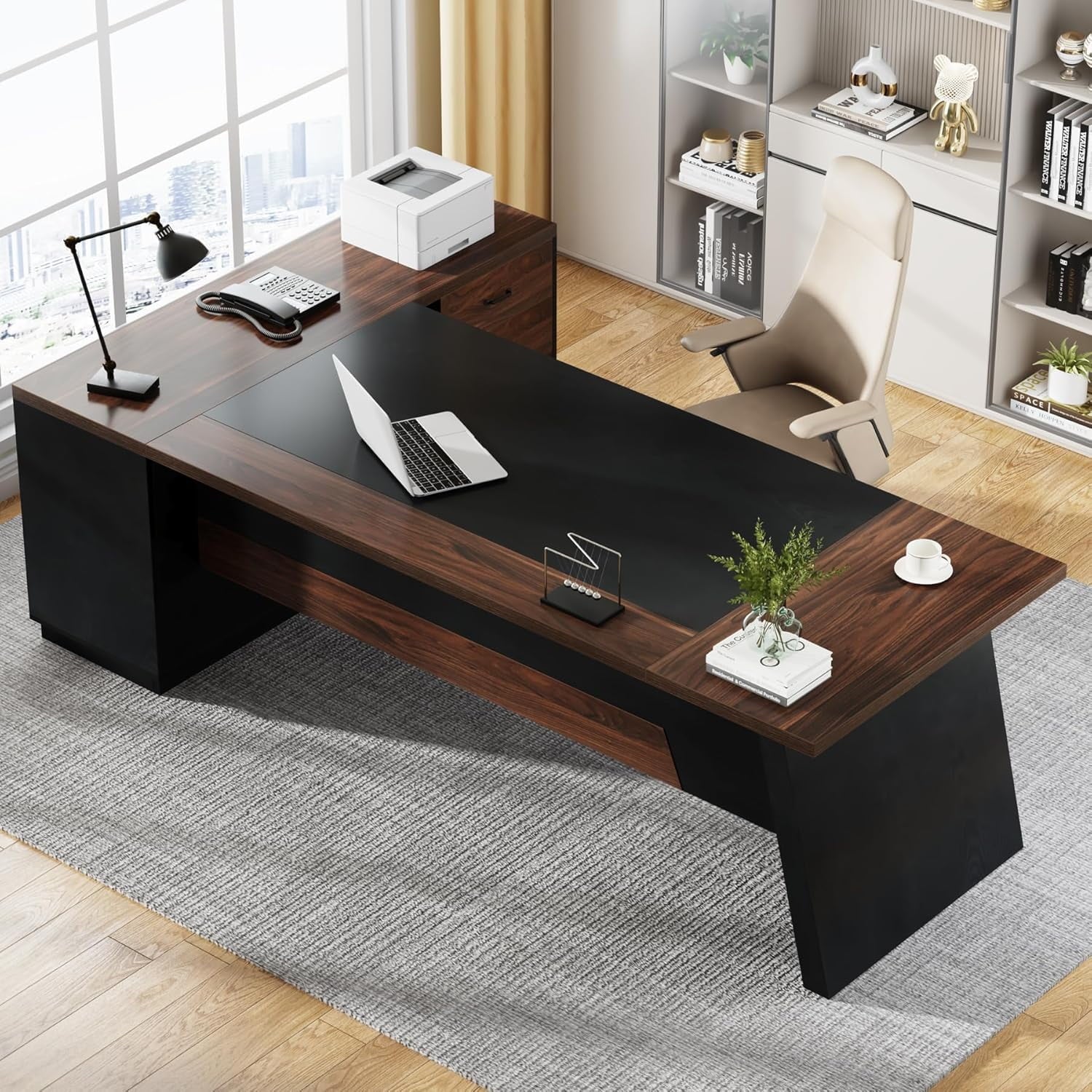 Tribesigns 78-Inch L-Shaped Executive Desk, Large Office Desk with Drawers and Lateral File Cabinet, Modern Computer Desk for Home Office, Walnut & Black