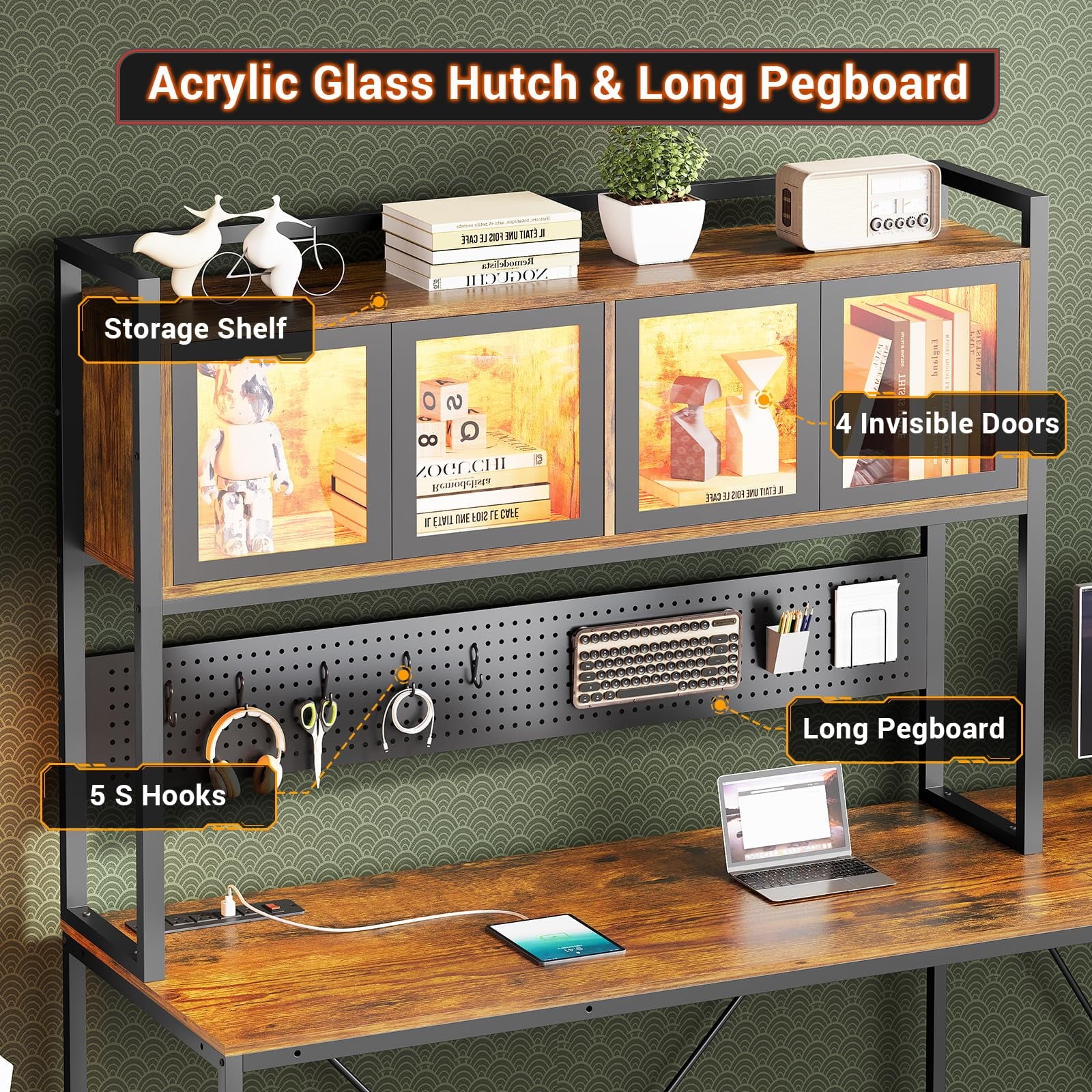 L Shaped Gaming Desk with Drawers, L Shaped Computer Desk with Hutch and Storage Shelves, Gaming Desk with Pegboard, Led Lights, and Power Outlet, Home Office Desk, Corner Desk, Rustic Brown