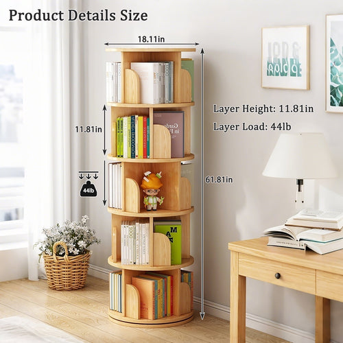 5 Tier Rotating Bookshelf, 360° Display Round Spinning Bookshelf, Space-Saving, Small Space Rotating Bookshelf Tower for Bedroom, Living Room, Home, Office, Nature
