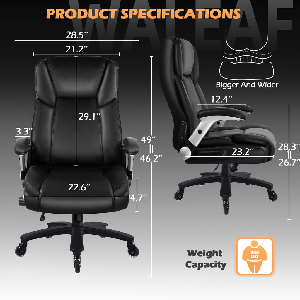 Waleaf Big and Tall Executive Office Chair 500lbs with Flip-up Arms & Adjustable Lumbar Support,Heavy Duty High Back Computer Chair for Adults