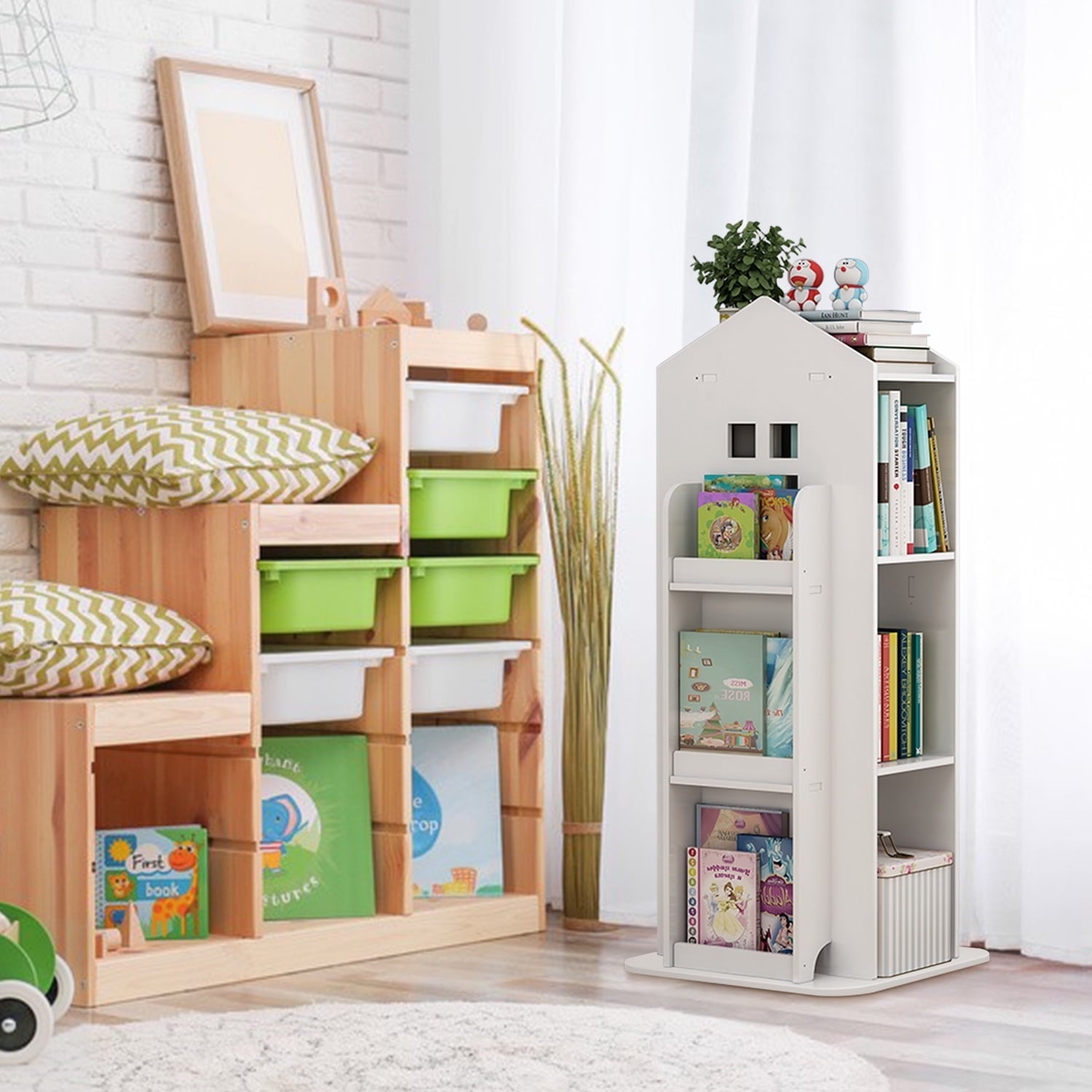 IAJXWI 3 Tier Rotating Bookshelf, 360° Floor-Standing Revolving Bookcase, House Shape Multi-Functional Reading Corner for Bedroom Study Living Room