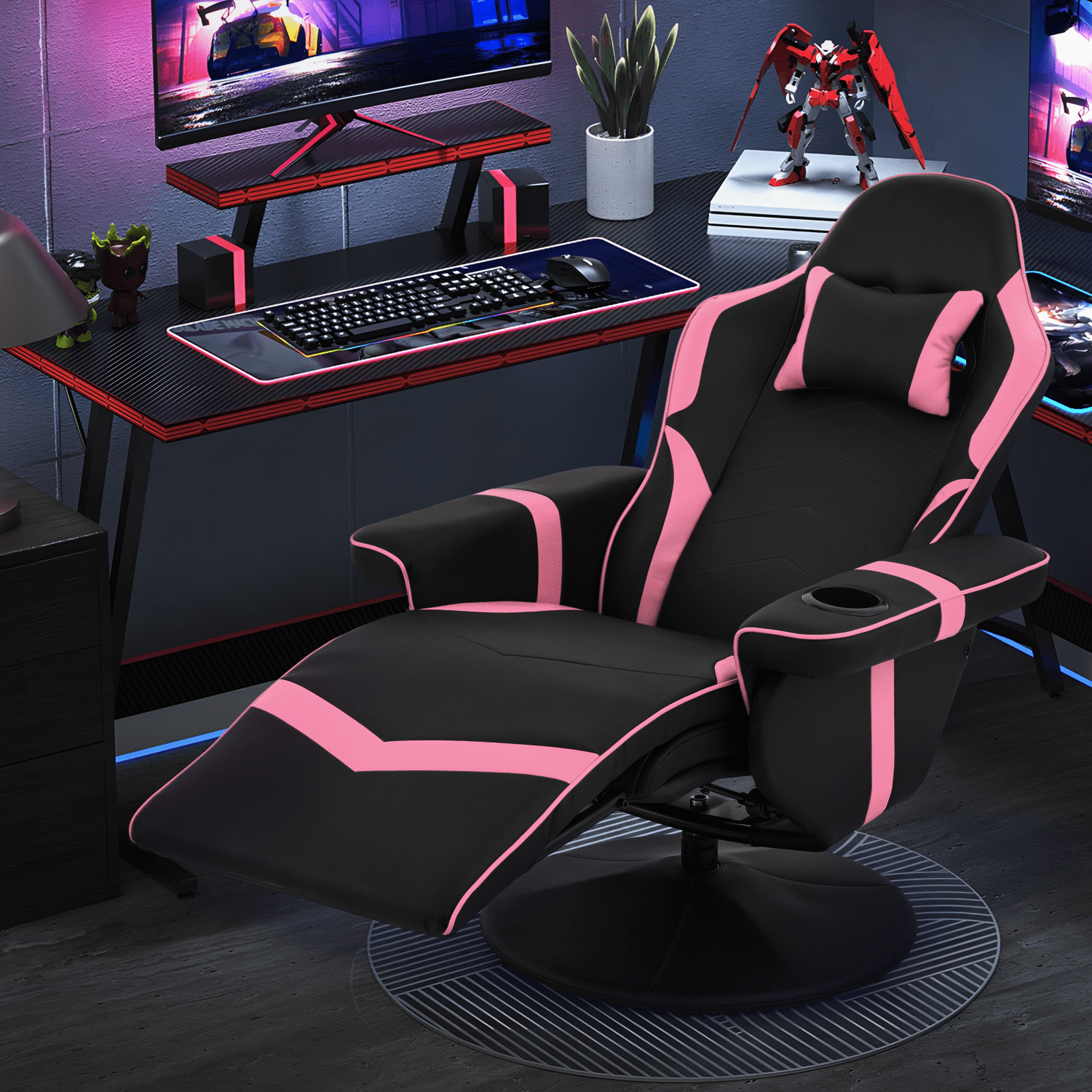 Magshion Racing Style Video Gaming Chair PU Leather Ergonomic Reclining Computer Chair with Adjustable Backrest and Footrest Cup Holder Pillow for Girls, Pink