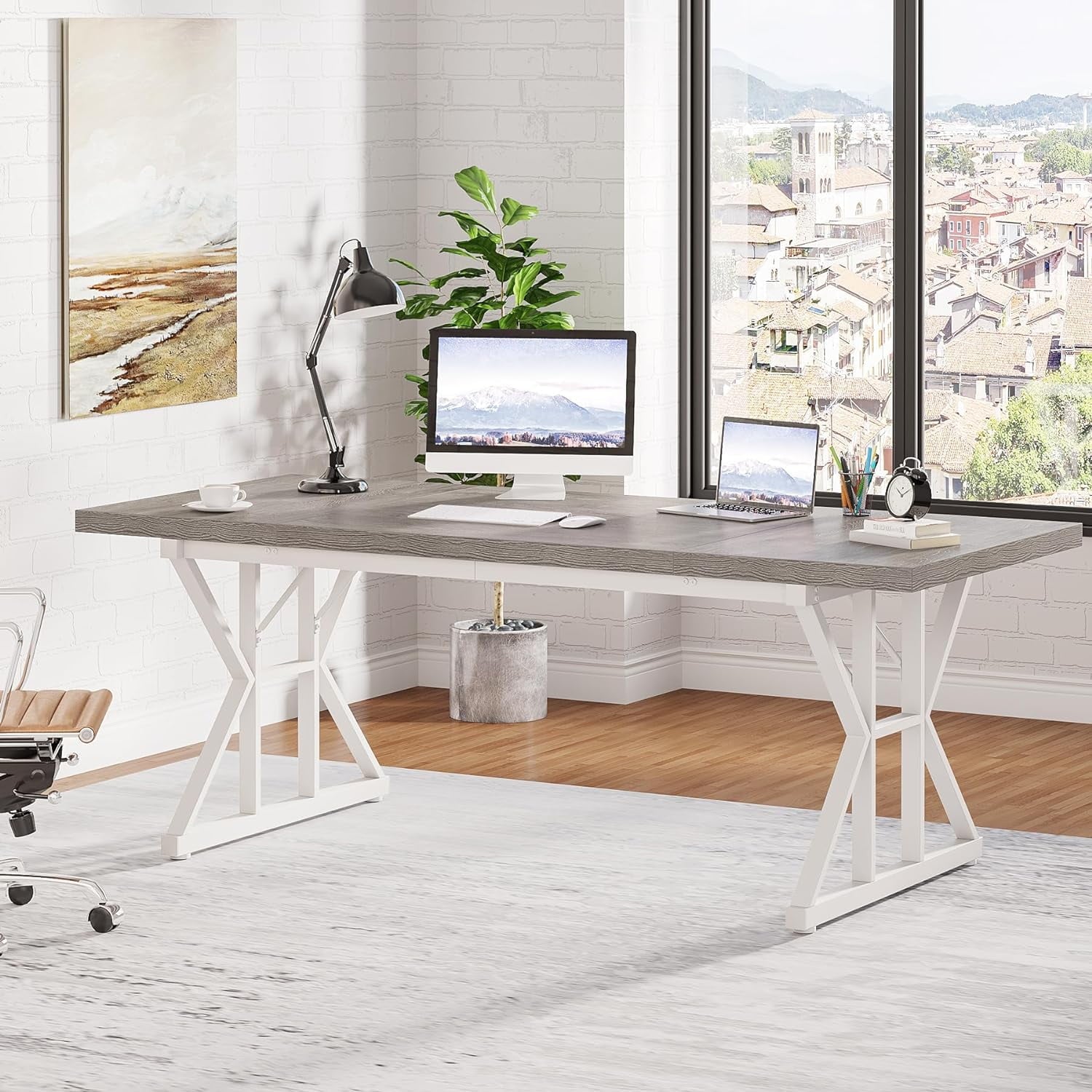 Finmind 71 Inch Executive Desk, Large Computer Office Desk, Modern Study Writing Table for Home Office (Grey/White)