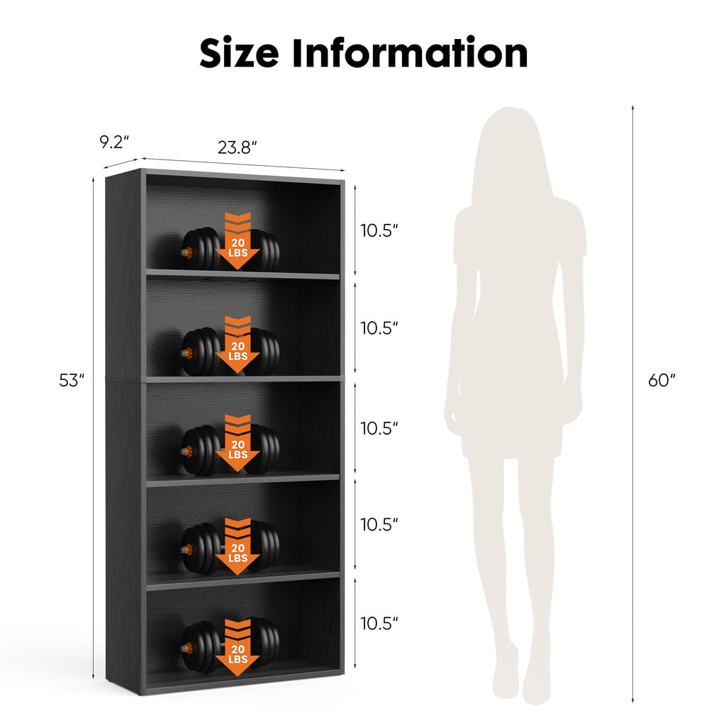 GIANNA 5-Shelf Bookcase, Floor Standing Storage Shelves, Black