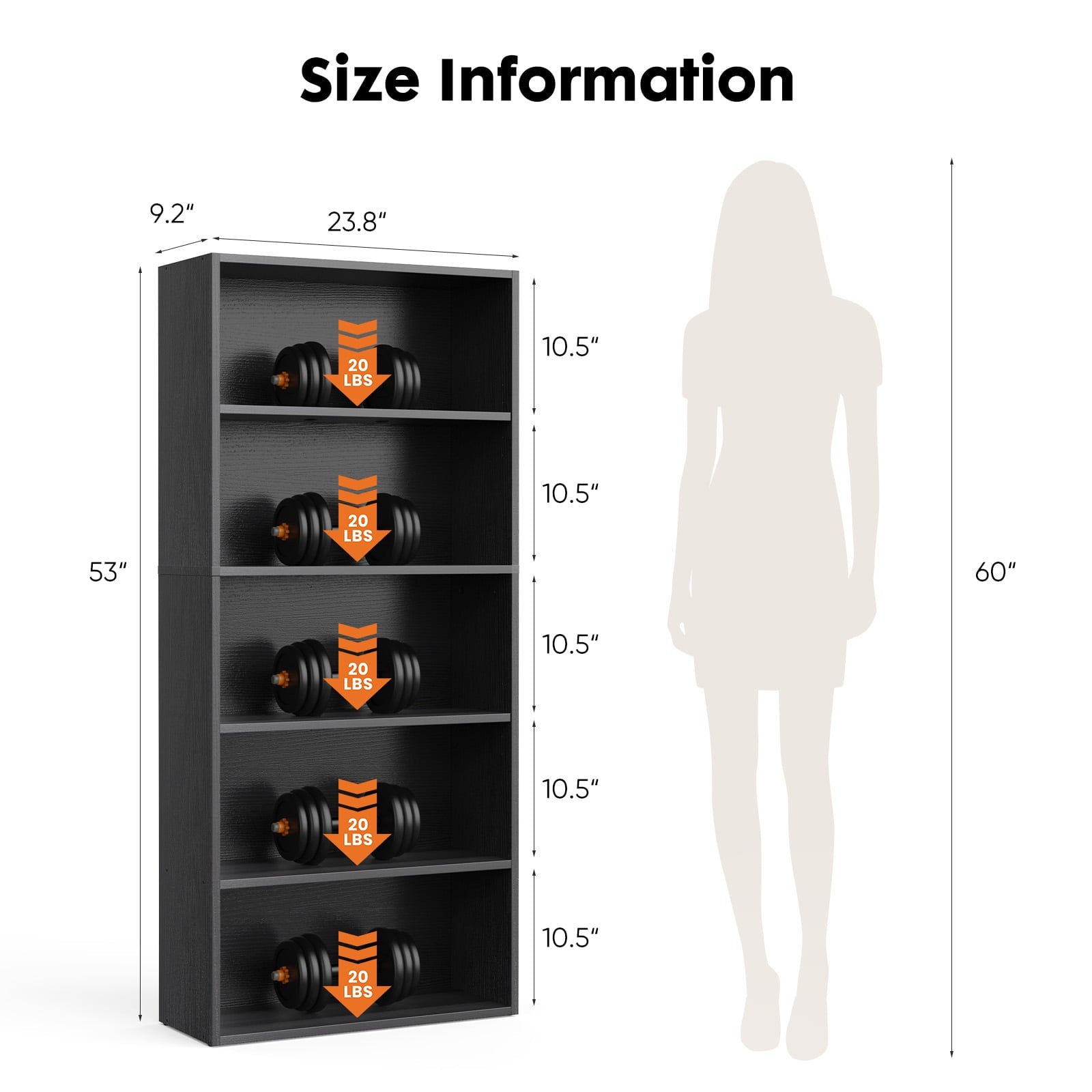 GIANNA 5-Shelf Bookcase, Floor Standing Storage Shelves, Black