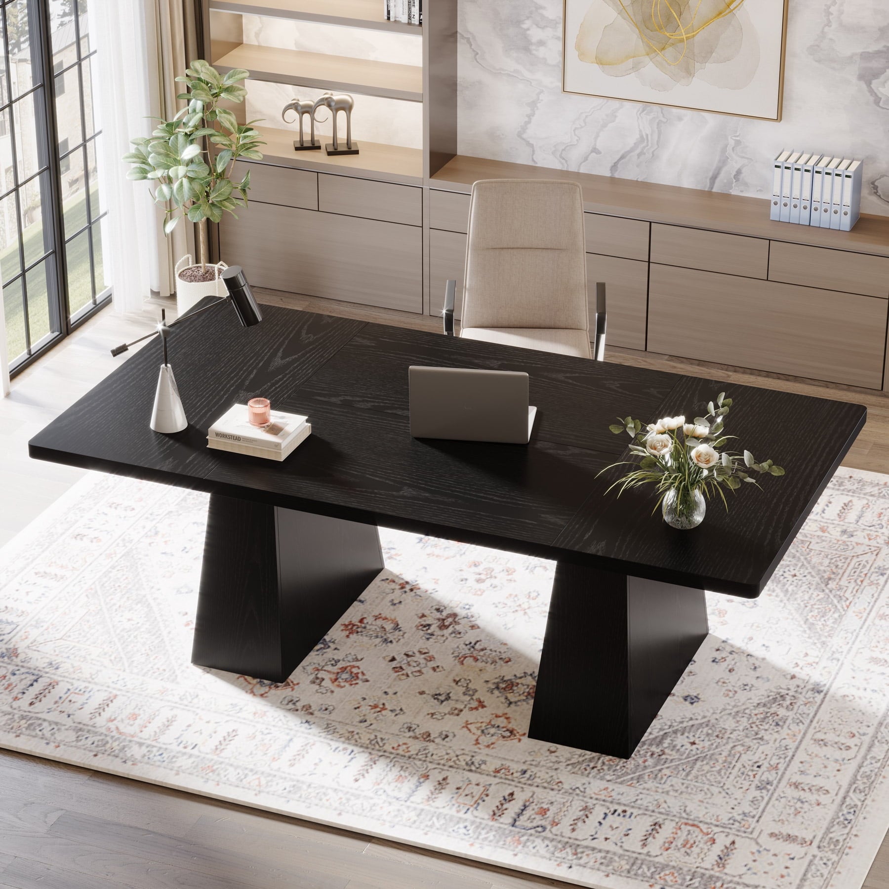 Tribesigns 63" Executive Desk, Modern Office Computer Desk with Double Pedestal, Large Simple Workstations Writing Table Conference Table for Home Office, Black