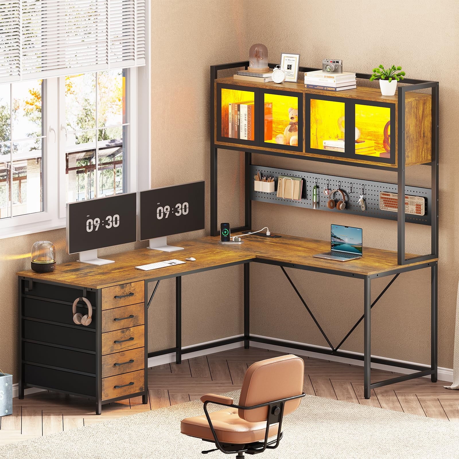 L Shaped Gaming Desk with Drawers, L Shaped Computer Desk with Hutch and Storage Shelves, Gaming Desk with Pegboard, Led Lights, and Power Outlet, Home Office Desk, Corner Desk, Rustic Brown