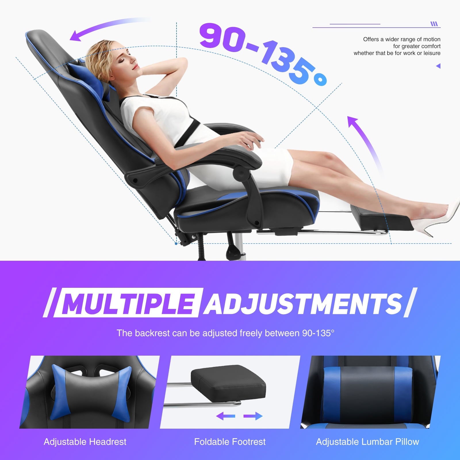 JOINSUN Ergonomic Gaming Chair With Headrest And Lumbar Pillow,Height Adjustable With 360°-Swivel Seat,Blue