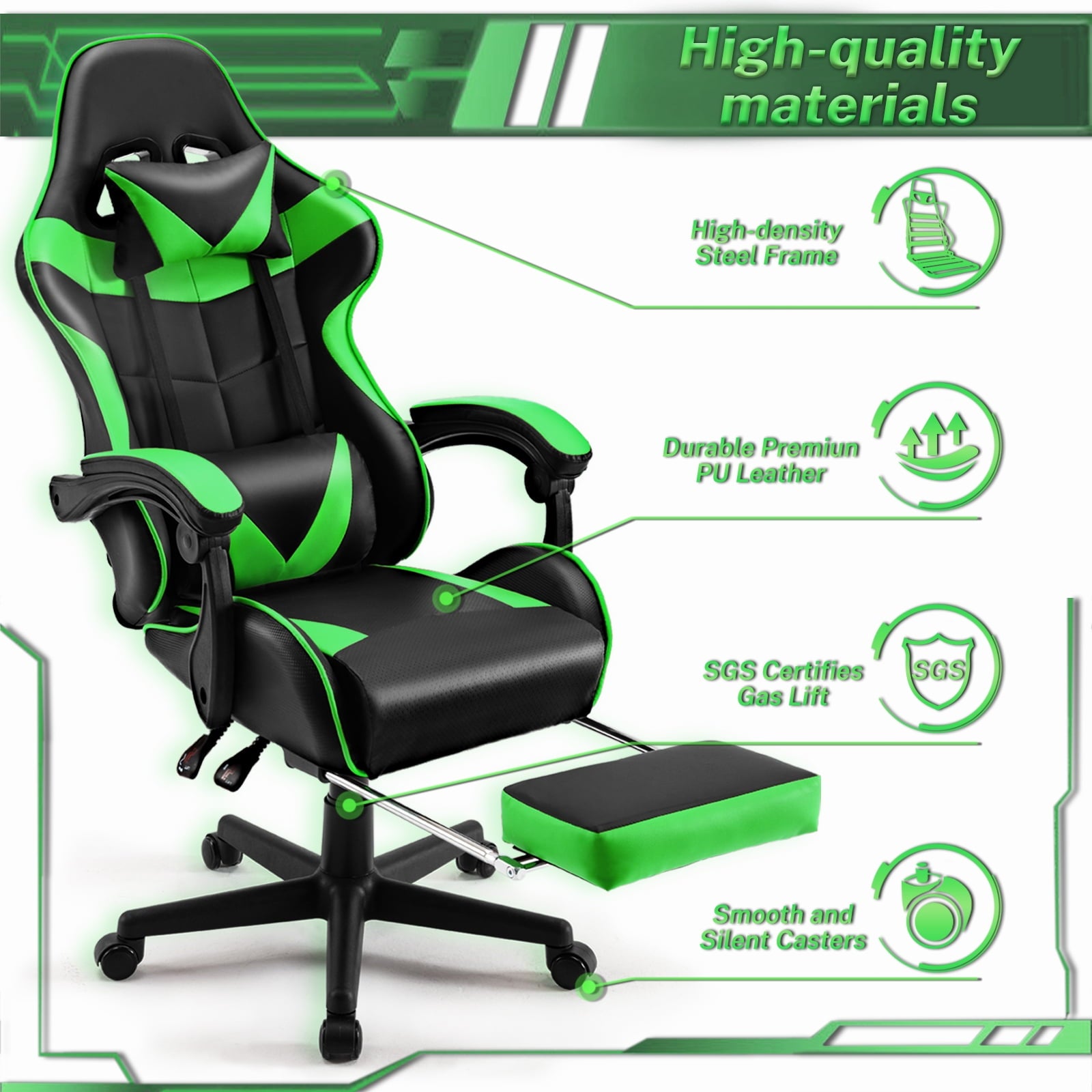 SOONTRANS Green Gaming Chair with Footrest, High Back Gamer Chair with Massage Lumbar Pillow, Gamer Computer Desk Chair (Green)