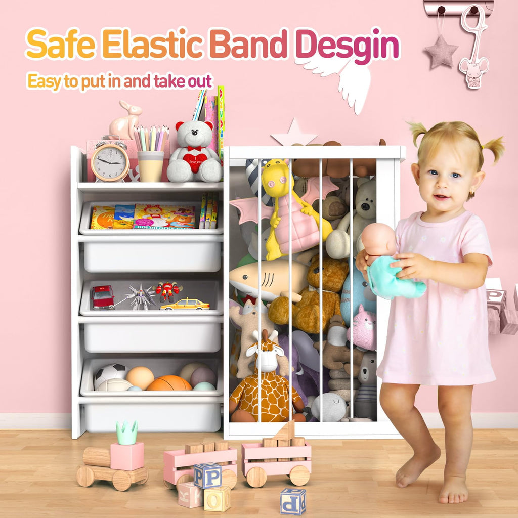 3-in-1 Kids Bookshelf and Stuffed Animal Storage with Corner Protectors , Can Fix it to The Wall, Durable Wood & Metal Storage for Bedroom & Playroom