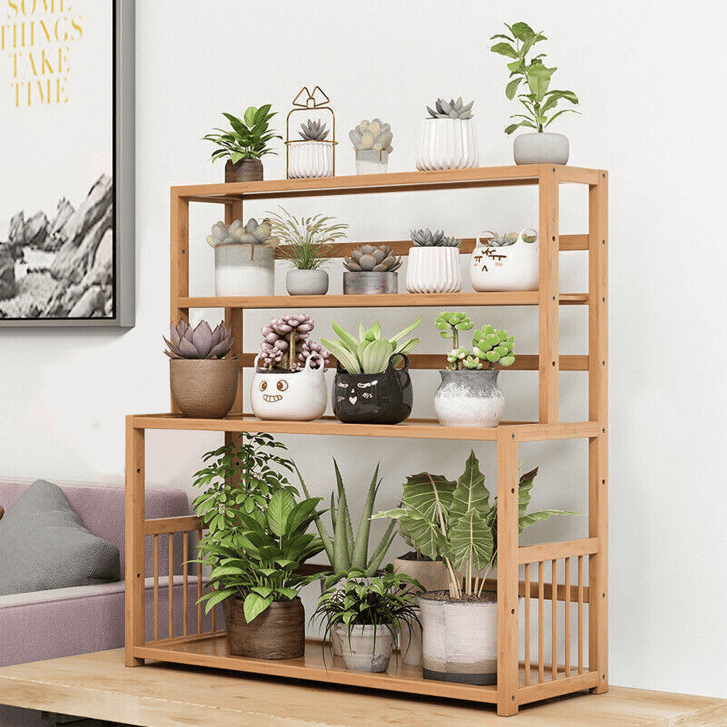 Gtouse 4 Shelf Bamboo Bookcase, Desktop Bookshelf, Plants Display Storage Shelf, Natural, for Home