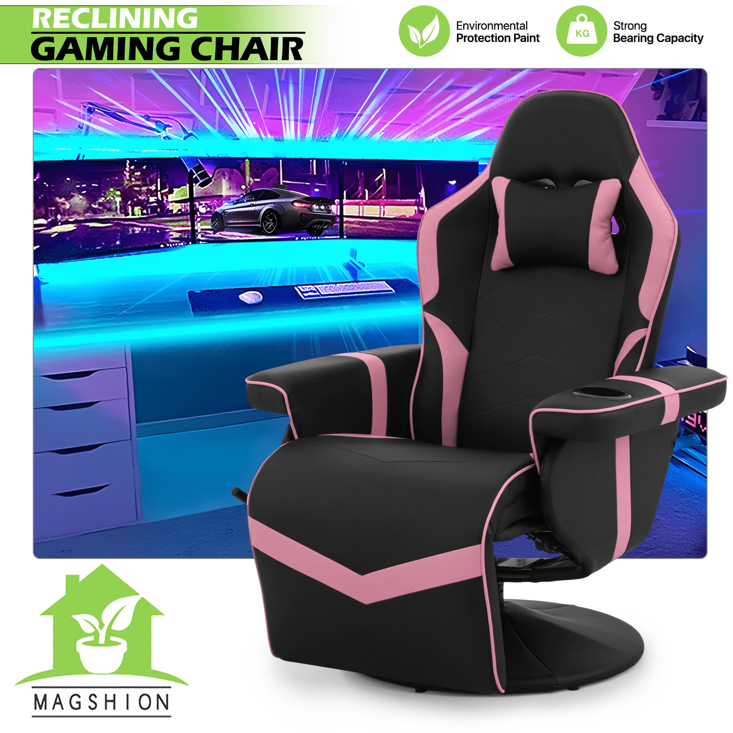 Magshion Racing Style Video Gaming Chair PU Leather Ergonomic Reclining Computer Chair with Adjustable Backrest and Footrest Cup Holder Pillow for Girls, Pink