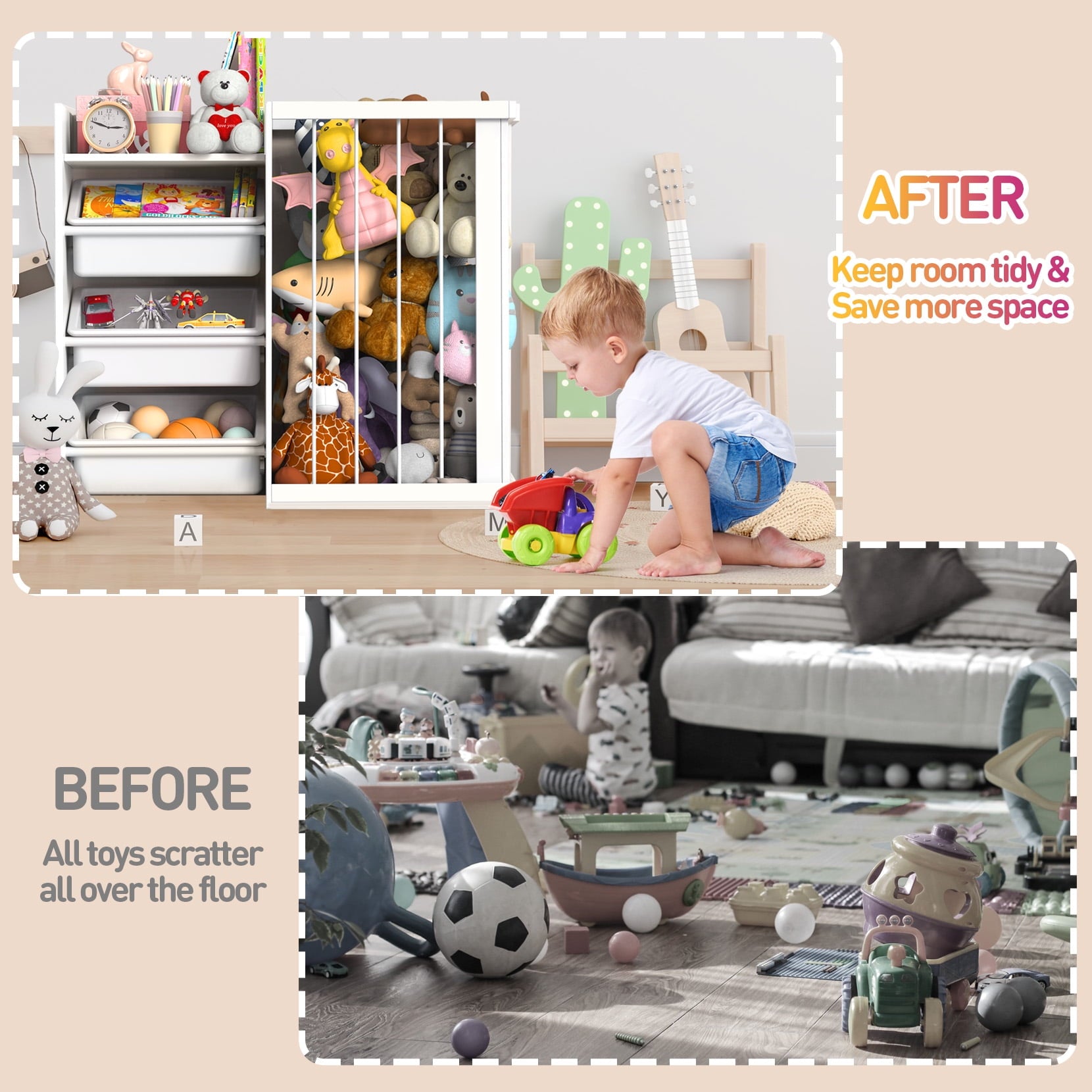 3-in-1 Kids Bookshelf and Stuffed Animal Storage with Corner Protectors , Can Fix it to The Wall, Durable Wood & Metal Storage for Bedroom & Playroom