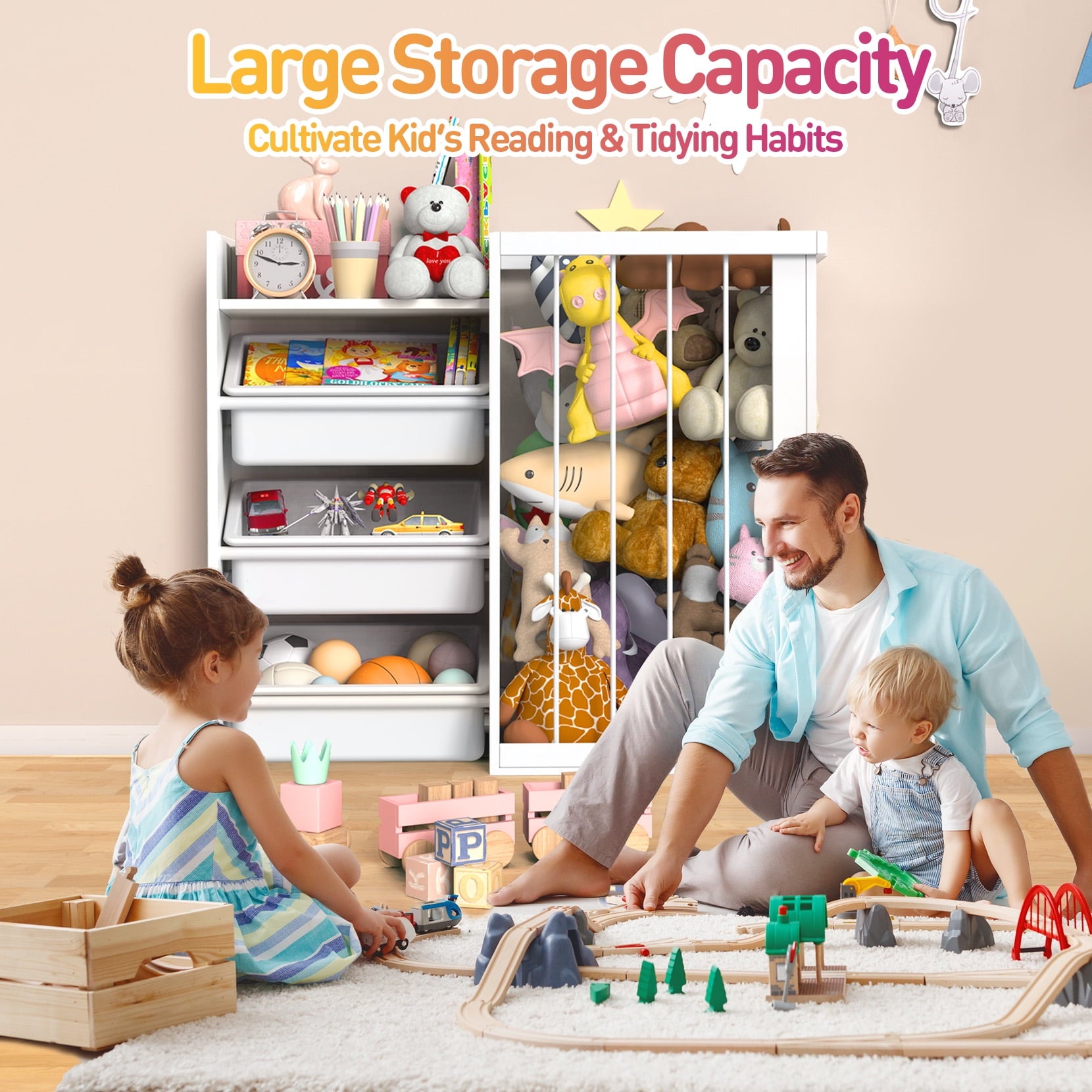 3-in-1 Kids Bookshelf and Stuffed Animal Storage with Corner Protectors , Can Fix it to The Wall, Durable Wood & Metal Storage for Bedroom & Playroom