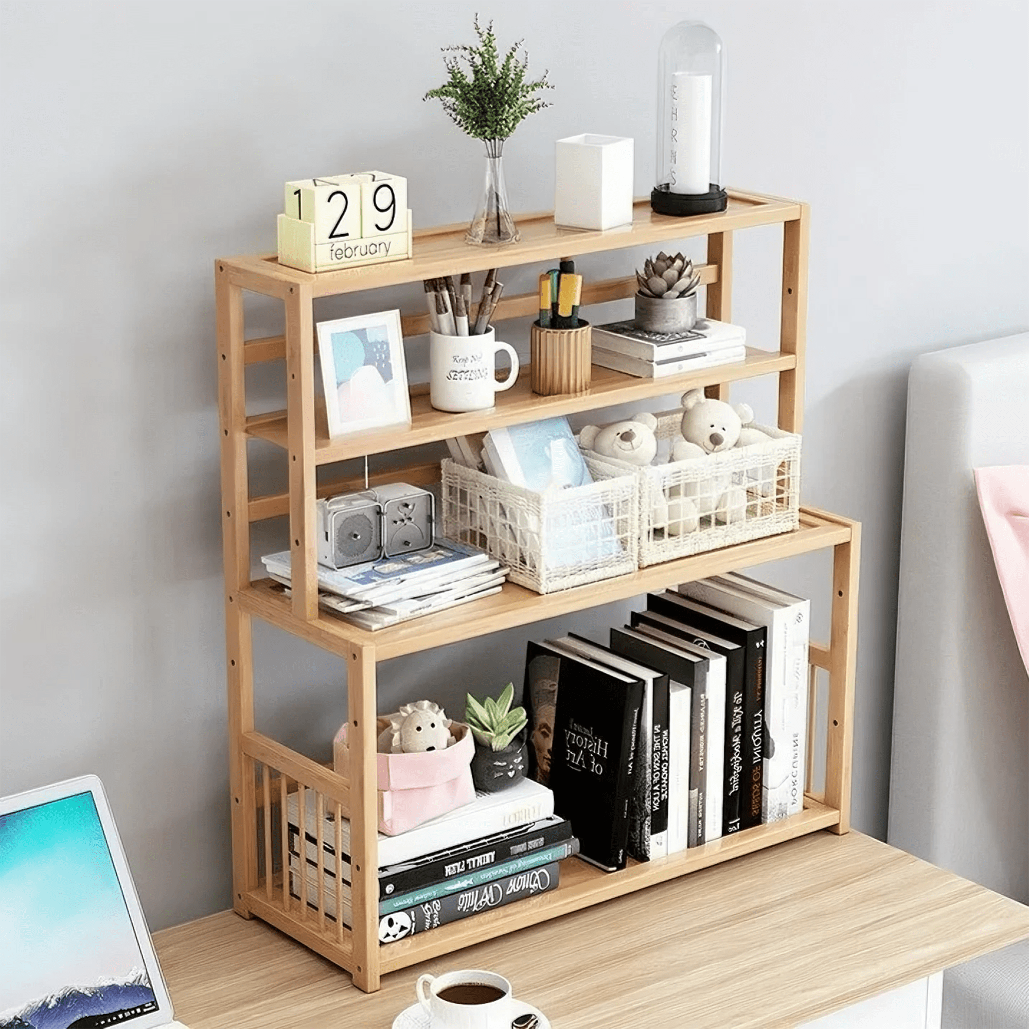 Gtouse 4 Shelf Bamboo Bookcase, Desktop Bookshelf, Plants Display Storage Shelf, Natural, for Home