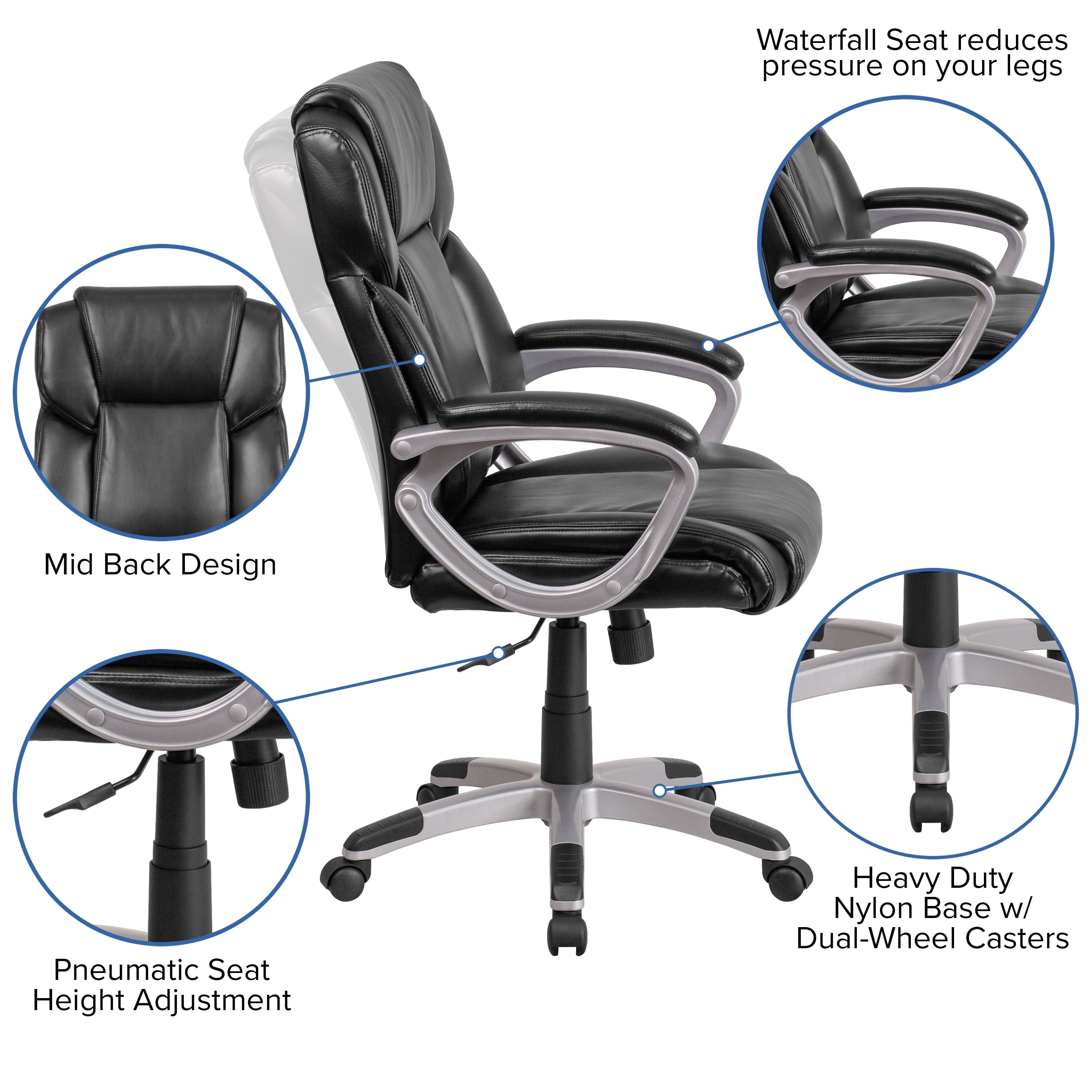 Emma + Oliver Mid-Back Black LeatherSoft Executive Swivel Office Chair with Padded Arms