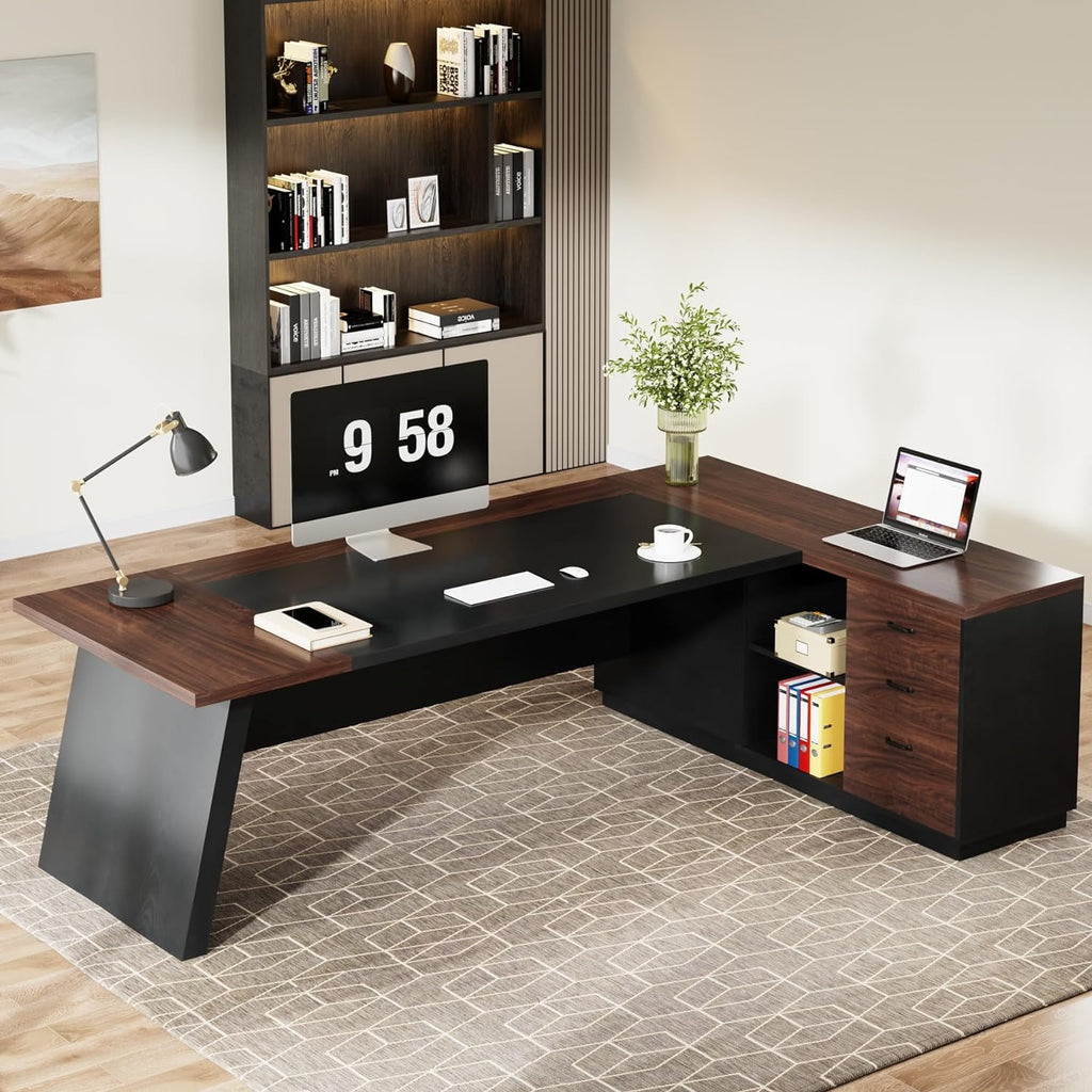 Tribesigns 78" L-Shaped Executive Desk, Large Office Desk with Drawers and Lateral File Cabinet