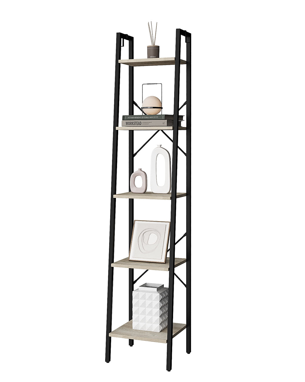 Hzuaneri 5 Shelves Freestanding Leaning Ladder, Particleboard Greige, 13.4" x 11.8" x 63"