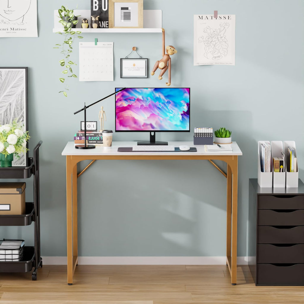 Computer Desk, 40'' Study Writing Table for Small Space, Save Space Office Desk with Metal Legs, Modern Steel Frame Wood PC Workstation for Home Office, Gold