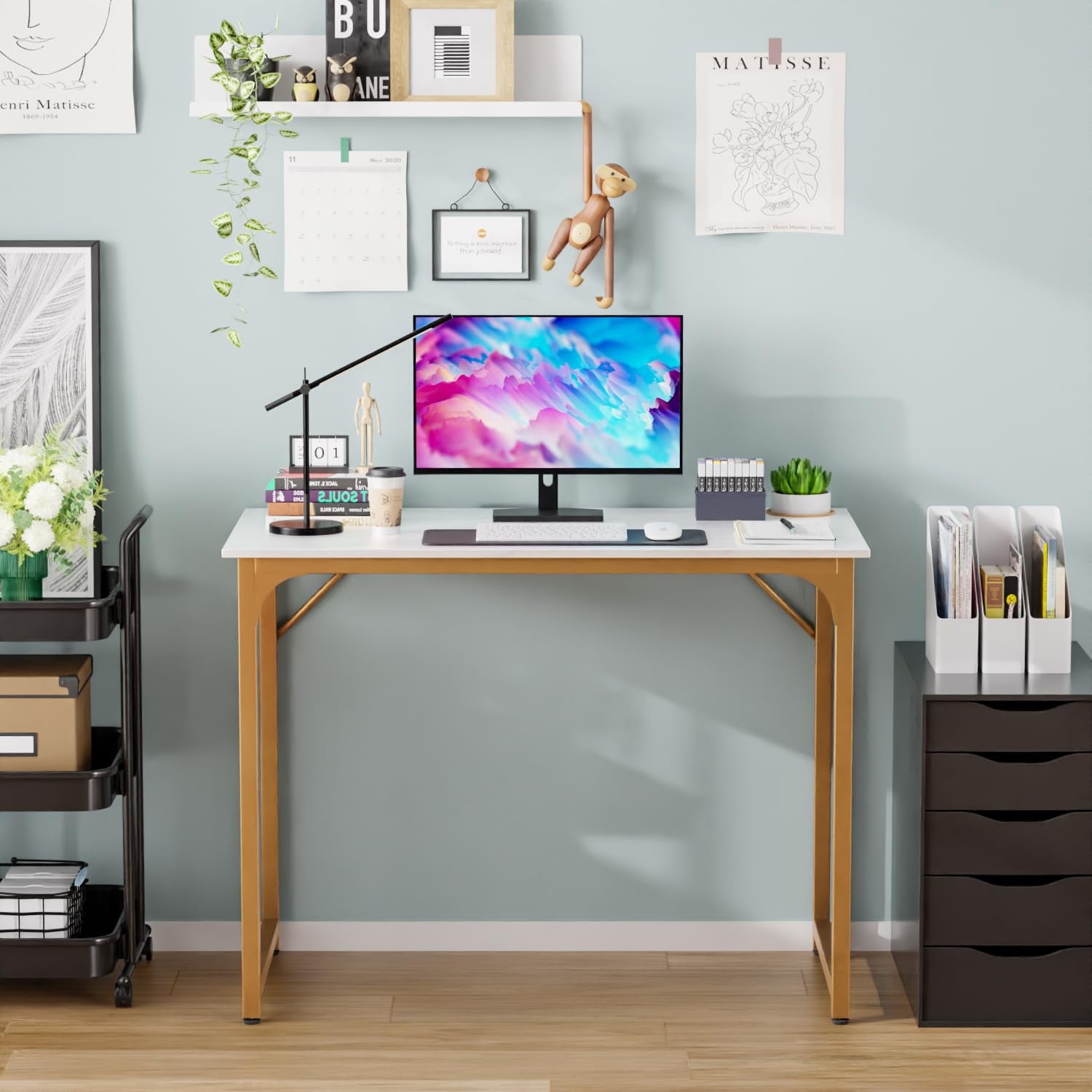 Computer Desk, 40'' Study Writing Table for Small Space, Save Space Office Desk with Metal Legs, Modern Steel Frame Wood PC Workstation for Home Office, Gold